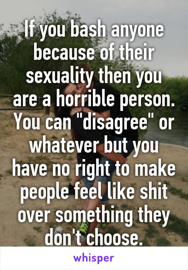 If you bash anyone because of their sexuality then you are a horrible person. You can "disagree" or whatever but you have no right to make people feel like shit over something they don't choose.