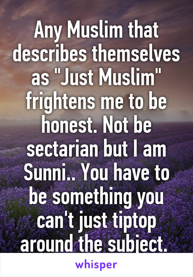 Any Muslim that describes themselves as "Just Muslim" frightens me to be honest. Not be sectarian but I am Sunni.. You have to be something you can't just tiptop around the subject. 