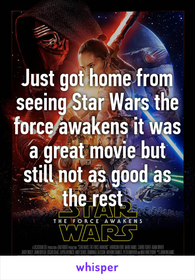 Just got home from seeing Star Wars the force awakens it was a great movie but still not as good as the rest  