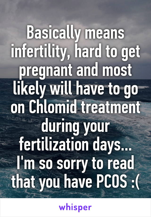 Basically means infertility, hard to get pregnant and most likely will have to go on Chlomid treatment during your fertilization days... I'm so sorry to read that you have PCOS :(