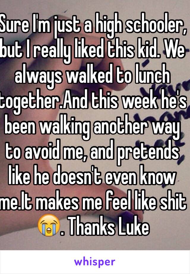 Sure I'm just a high schooler, but I really liked this kid. We always walked to lunch together.And this week he's been walking another way to avoid me, and pretends like he doesn't even know me.It makes me feel like shit 😭. Thanks Luke 