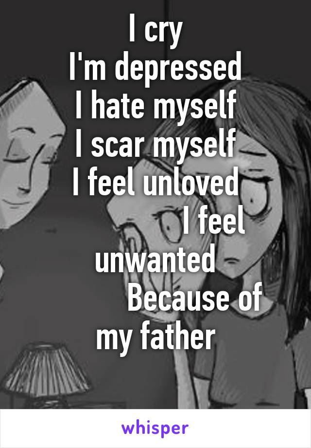 I cry
I'm depressed
I hate myself
I scar myself
I feel unloved
               I feel unwanted
          Because of my father

