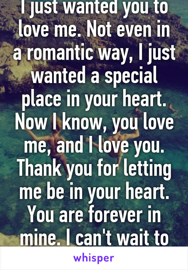 I just wanted you to love me. Not even in a romantic way, I just wanted a special place in your heart. Now I know, you love me, and I love you. Thank you for letting me be in your heart. You are forever in mine. I can't wait to see the future for us.