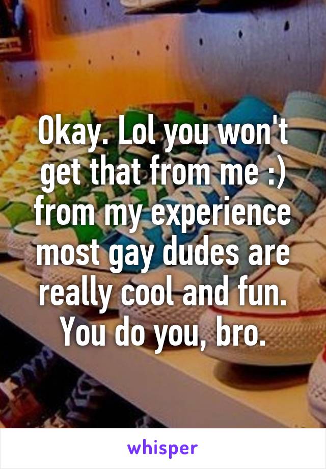 Okay. Lol you won't get that from me :) from my experience most gay dudes are really cool and fun. You do you, bro.