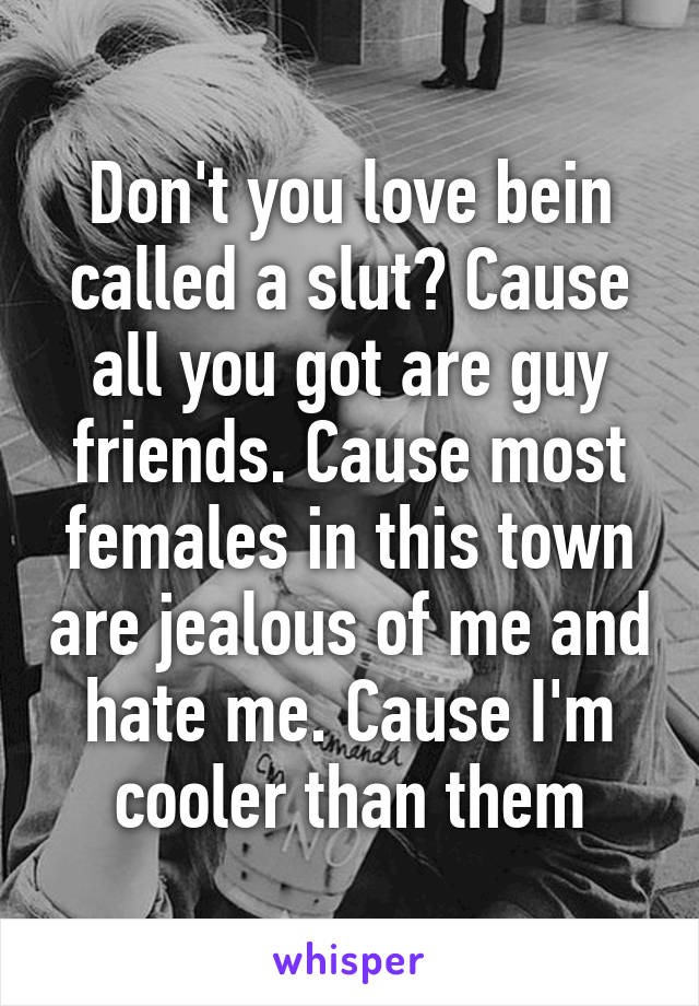 Don't you love bein called a slut? Cause all you got are guy friends. Cause most females in this town are jealous of me and hate me. Cause I'm cooler than them