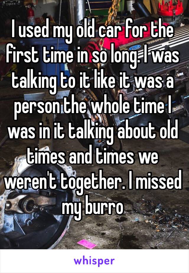 I used my old car for the first time in so long. I was talking to it like it was a person the whole time I was in it talking about old times and times we weren't together. I missed my burro