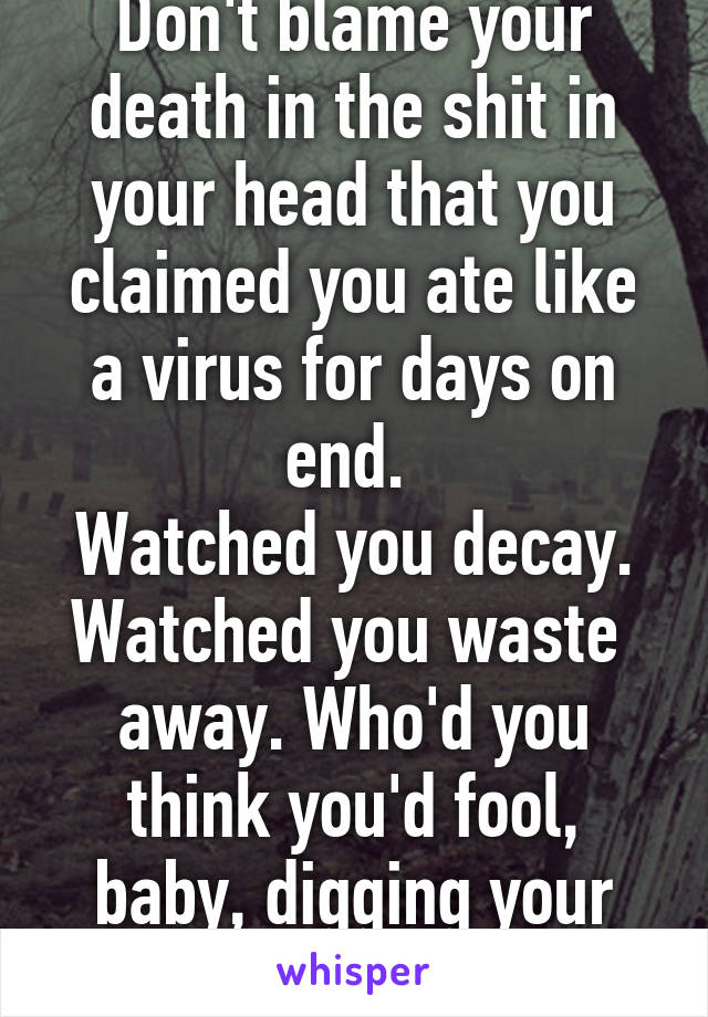 Don't blame your death in the shit in your head that you claimed you ate like a virus for days on end. 
Watched you decay. Watched you waste  away. Who'd you think you'd fool, baby, digging your own grave? 