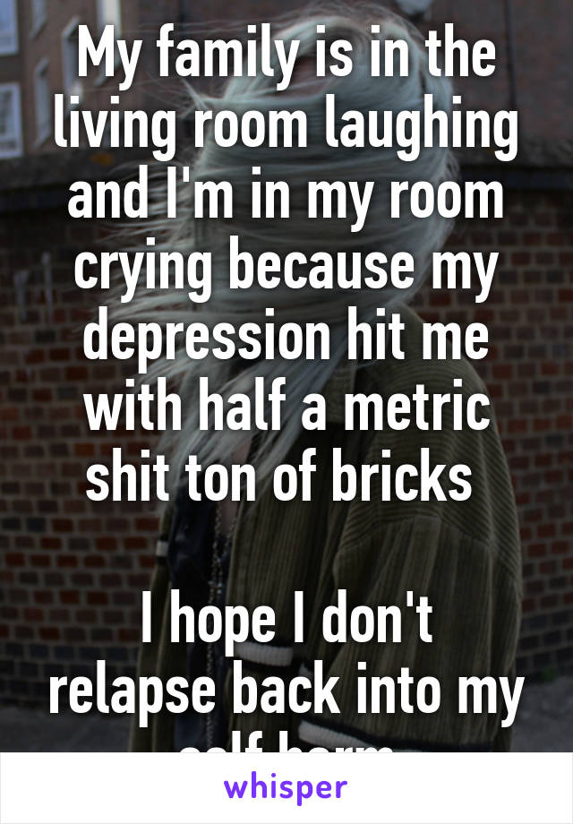 My family is in the living room laughing and I'm in my room crying because my depression hit me with half a metric shit ton of bricks 

I hope I don't relapse back into my self harm