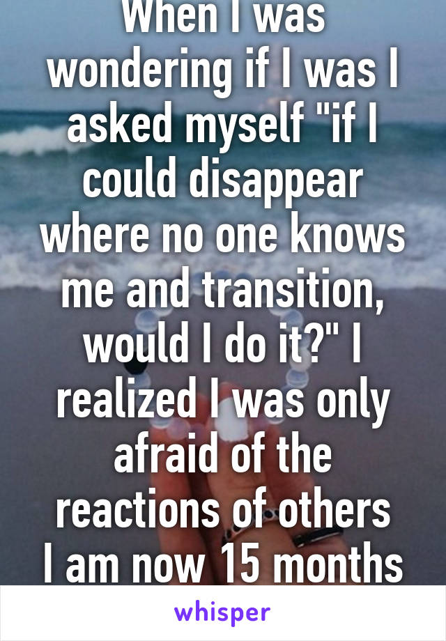 When I was wondering if I was I asked myself "if I could disappear where no one knows me and transition, would I do it?" I realized I was only afraid of the reactions of others
I am now 15 months on t