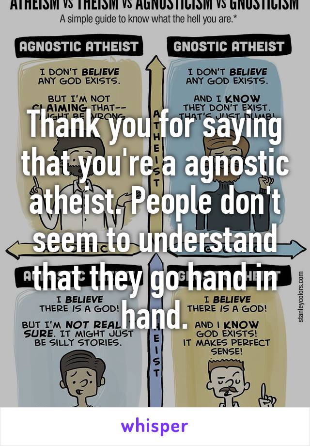 Thank you for saying that you're a agnostic atheist. People don't seem to understand that they go hand in hand.