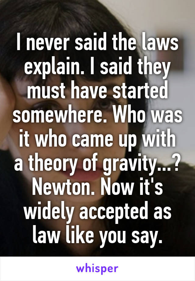 I never said the laws explain. I said they must have started somewhere. Who was it who came up with a theory of gravity...? Newton. Now it's widely accepted as law like you say.