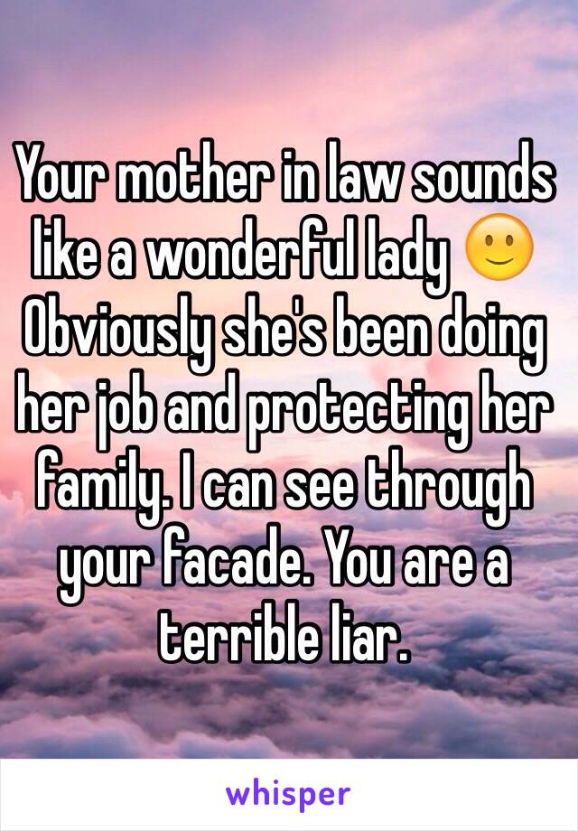 Your mother in law sounds like a wonderful lady 🙂
Obviously she's been doing her job and protecting her family. I can see through your facade. You are a terrible liar.