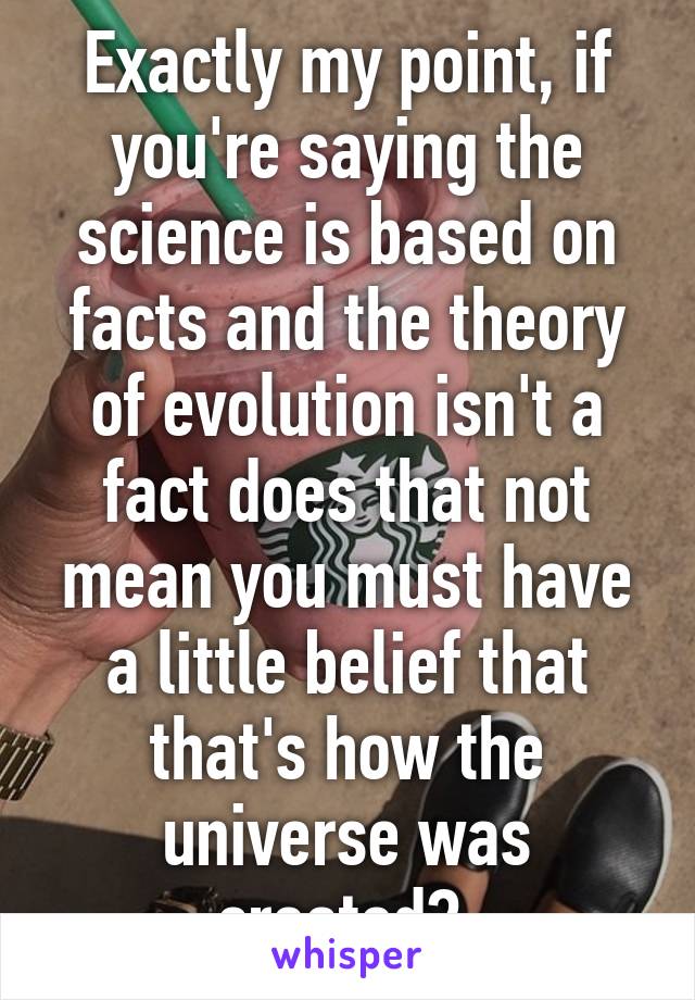 Exactly my point, if you're saying the science is based on facts and the theory of evolution isn't a fact does that not mean you must have a little belief that that's how the universe was created? 