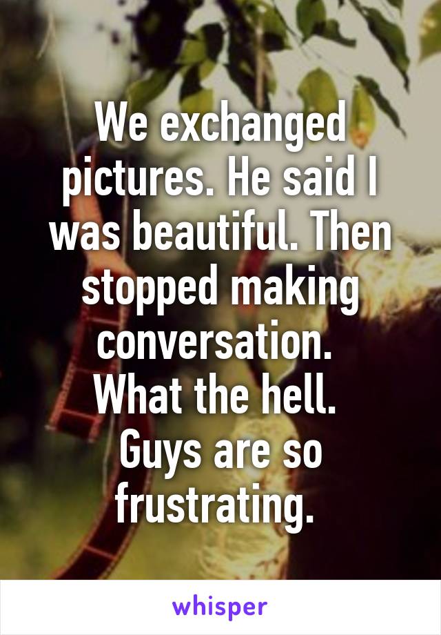 We exchanged pictures. He said I was beautiful. Then stopped making conversation. 
What the hell. 
Guys are so frustrating. 