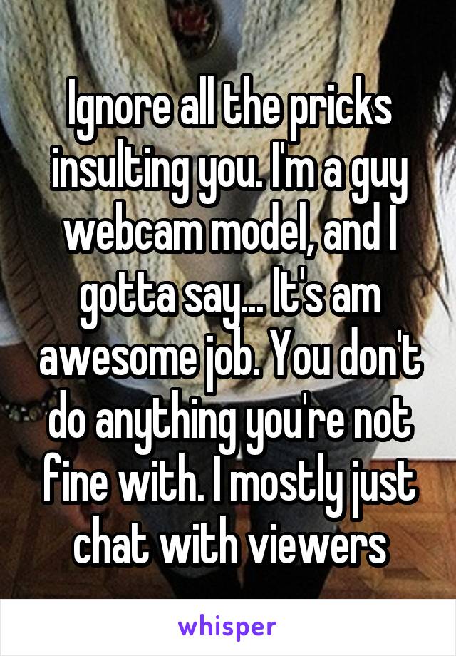 Ignore all the pricks insulting you. I'm a guy webcam model, and I gotta say... It's am awesome job. You don't do anything you're not fine with. I mostly just chat with viewers