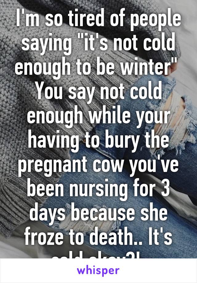 I'm so tired of people saying "it's not cold enough to be winter" 
You say not cold enough while your having to bury the pregnant cow you've been nursing for 3 days because she froze to death.. It's cold okay?! 