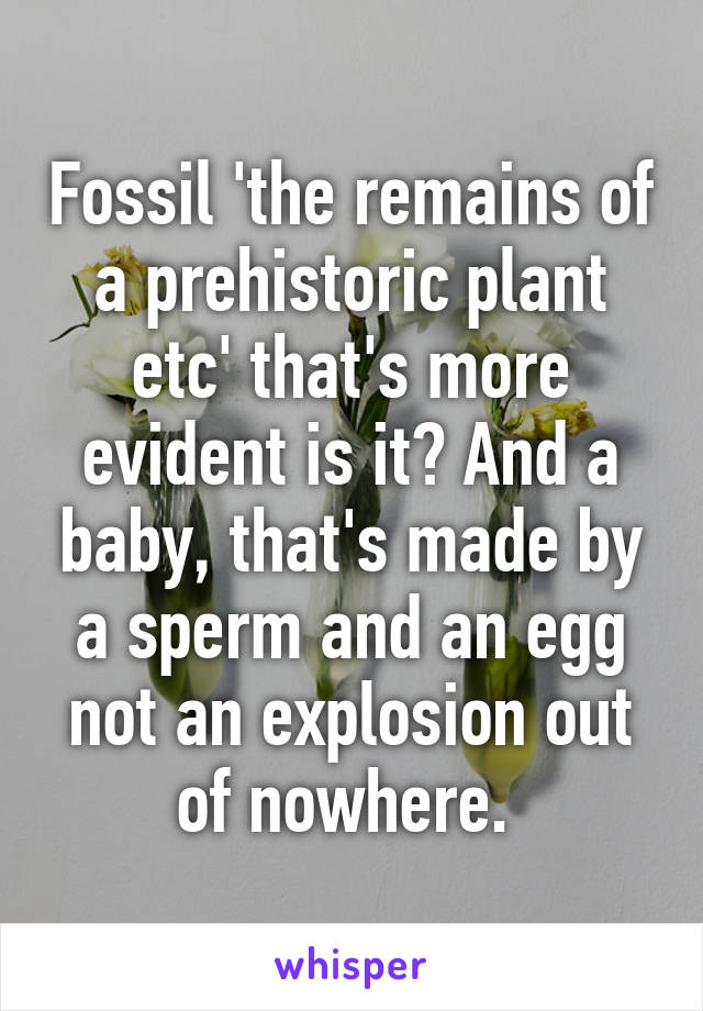 Fossil 'the remains of a prehistoric plant etc' that's more evident is it? And a baby, that's made by a sperm and an egg not an explosion out of nowhere. 