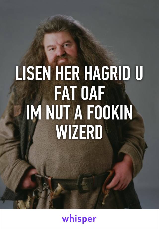 LISEN HER HAGRID U FAT OAF
IM NUT A FOOKIN WIZERD
