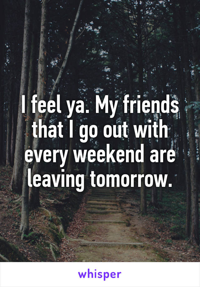 I feel ya. My friends that I go out with every weekend are leaving tomorrow.