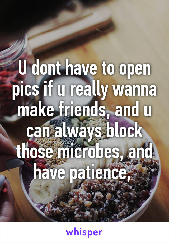 U dont have to open pics if u really wanna make friends, and u can always block those microbes, and have patience, 