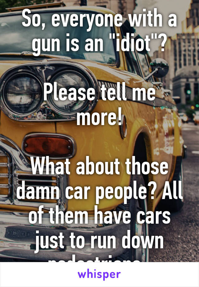 So, everyone with a gun is an "idiot"?

Please tell me more!

What about those damn car people? All of them have cars just to run down pedestrians. 