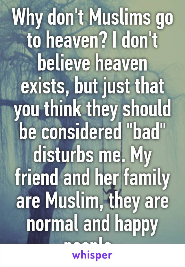 Why don't Muslims go to heaven? I don't believe heaven exists, but just that you think they should be considered "bad" disturbs me. My friend and her family are Muslim, they are normal and happy people. 