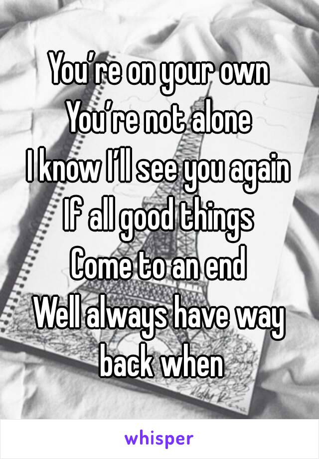 You’re on your own
You’re not alone
I know I’ll see you again
If all good things
Come to an end
Well always have way back when