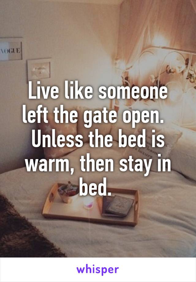 Live like someone left the gate open.   Unless the bed is warm, then stay in bed. 