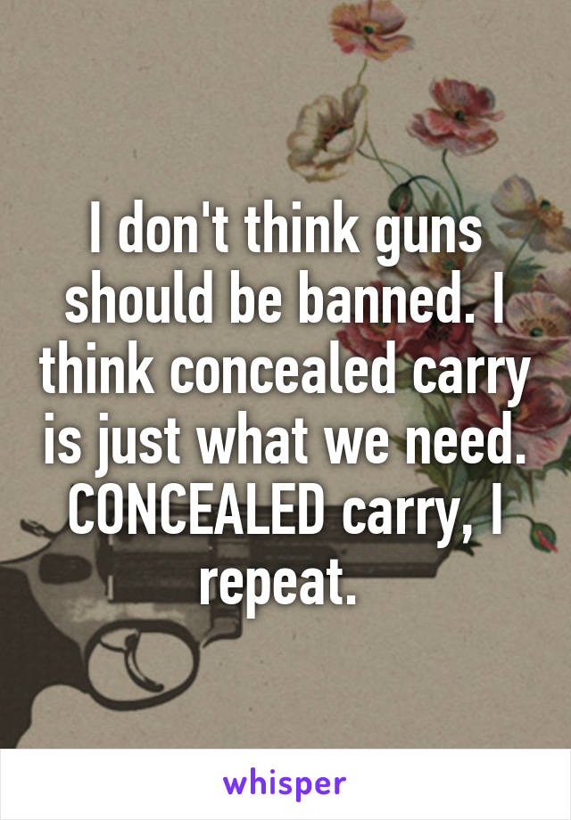 I don't think guns should be banned. I think concealed carry is just what we need. CONCEALED carry, I repeat. 