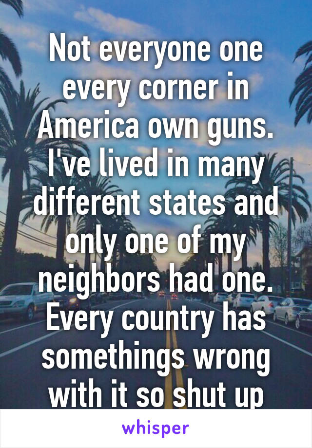 Not everyone one every corner in America own guns. I've lived in many different states and only one of my neighbors had one. Every country has somethings wrong with it so shut up