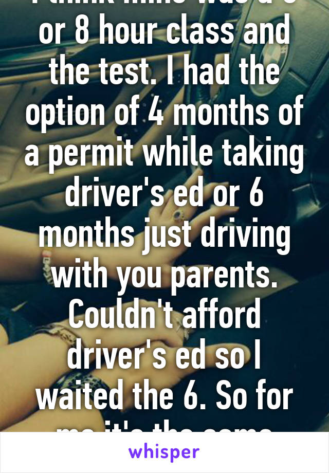 I think mine was a 6 or 8 hour class and the test. I had the option of 4 months of a permit while taking driver's ed or 6 months just driving with you parents. Couldn't afford driver's ed so I waited the 6. So for me it's the same amount.