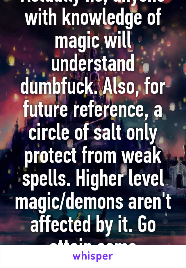 Actually no, anyone with knowledge of magic will understand dumbfuck. Also, for future reference, a circle of salt only protect from weak spells. Higher level magic/demons aren't affected by it. Go attain some knowledge