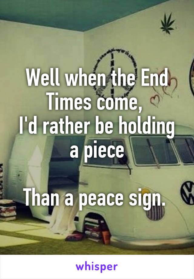 Well when the End Times come, 
I'd rather be holding a piece

Than a peace sign. 