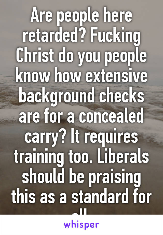 Are people here retarded? Fucking Christ do you people know how extensive background checks are for a concealed carry? It requires training too. Liberals should be praising this as a standard for all.