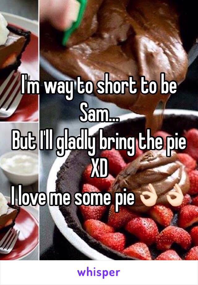 I'm way to short to be Sam...
But I'll gladly bring the pie XD
I love me some pie👌🏻👌🏻