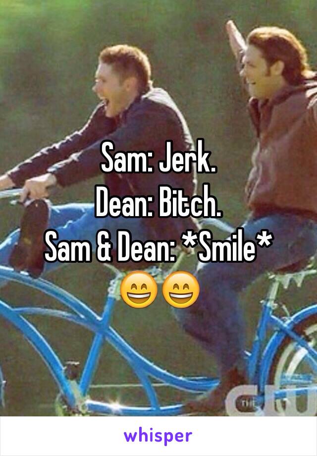 Sam: Jerk.
Dean: Bitch.
Sam & Dean: *Smile* 
😄😄