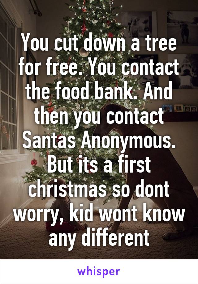 You cut down a tree for free. You contact the food bank. And then you contact Santas Anonymous. But its a first christmas so dont worry, kid wont know any different