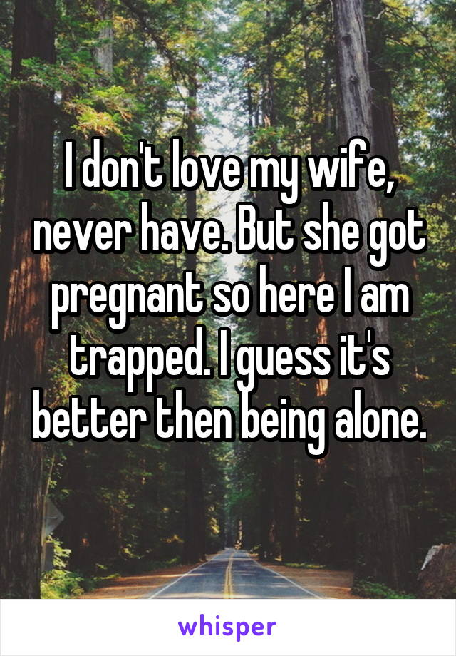 I don't love my wife, never have. But she got pregnant so here I am trapped. I guess it's better then being alone. 