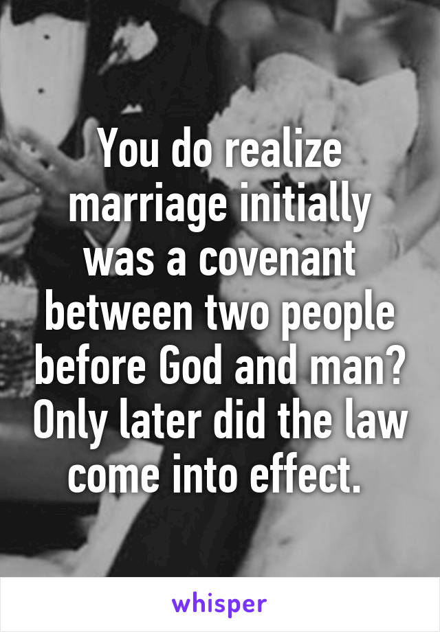 You do realize marriage initially was a covenant between two people before God and man? Only later did the law come into effect. 