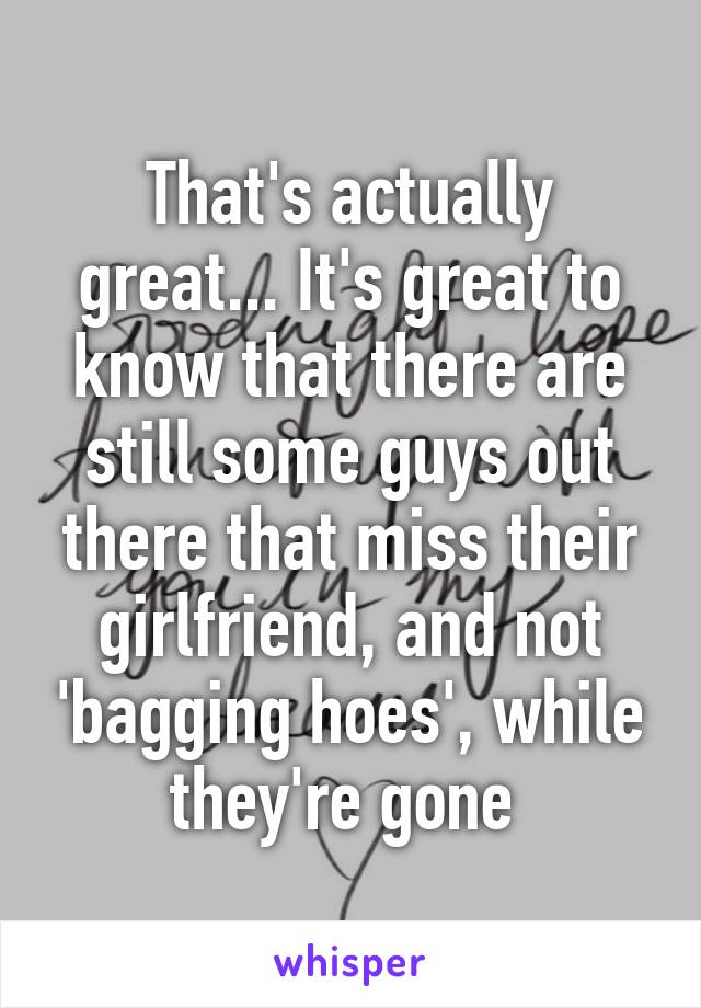 That's actually great... It's great to know that there are still some guys out there that miss their girlfriend, and not 'bagging hoes', while they're gone 