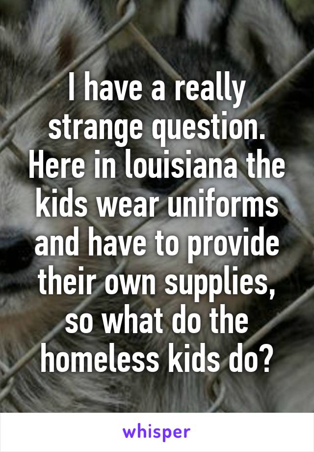 I have a really strange question. Here in louisiana the kids wear uniforms and have to provide their own supplies, so what do the homeless kids do?