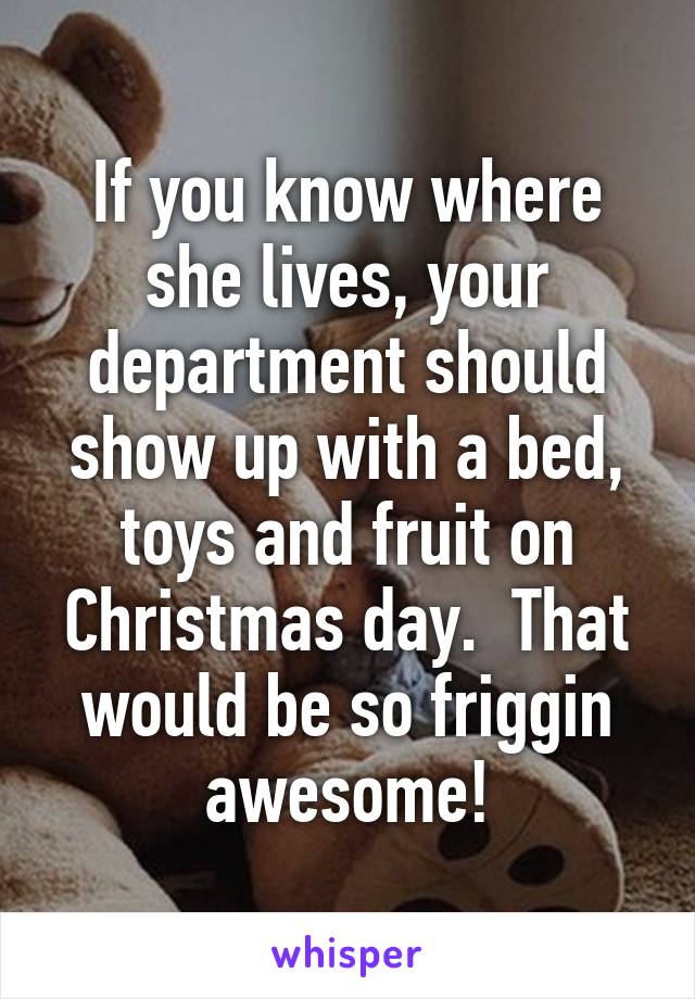 If you know where she lives, your department should show up with a bed, toys and fruit on Christmas day.  That would be so friggin awesome!