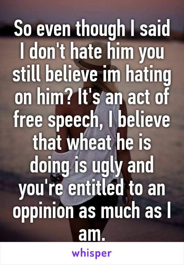 So even though I said I don't hate him you still believe im hating on him? It's an act of free speech, I believe that wheat he is doing is ugly and you're entitled to an oppinion as much as I am.