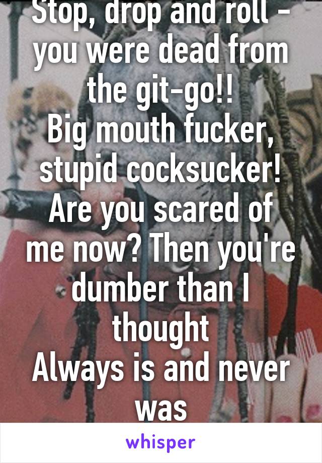 Stop, drop and roll - you were dead from the git-go!!
Big mouth fucker, stupid cocksucker!
Are you scared of me now? Then you're dumber than I thought
Always is and never was
