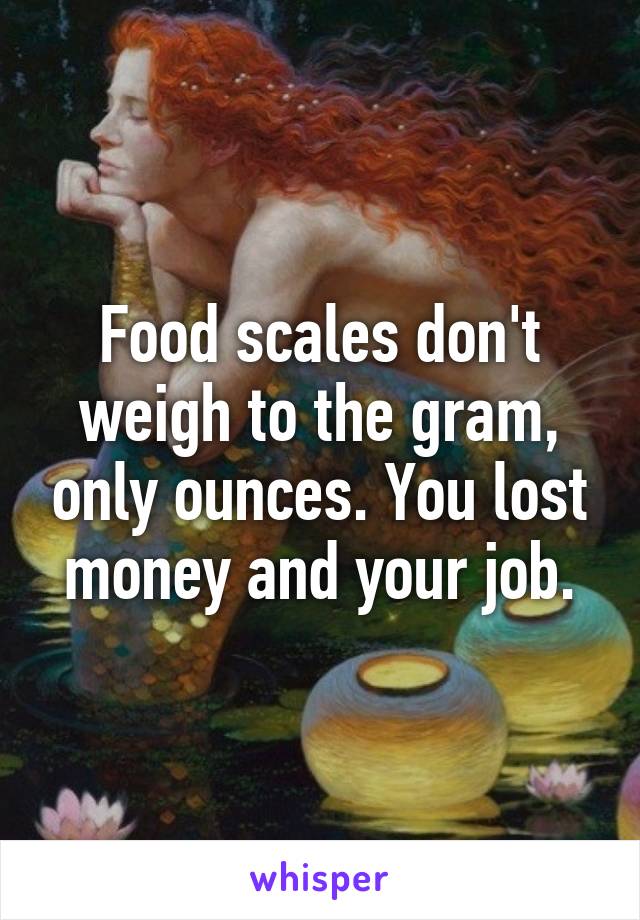 Food scales don't weigh to the gram, only ounces. You lost money and your job.
