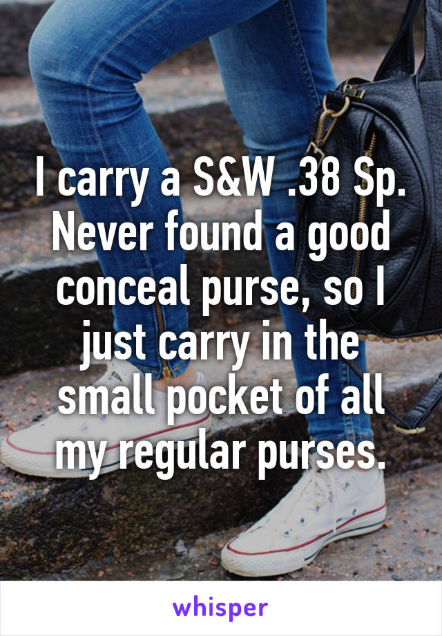 I carry a S&W .38 Sp. Never found a good conceal purse, so I just carry in the small pocket of all my regular purses.