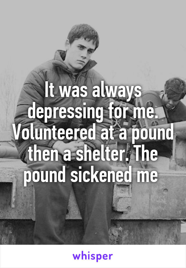 It was always depressing for me. Volunteered at a pound then a shelter. The pound sickened me 