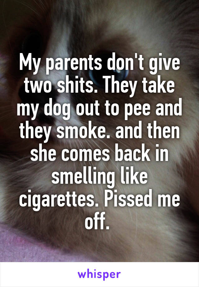 My parents don't give two shits. They take my dog out to pee and they smoke. and then she comes back in smelling like cigarettes. Pissed me off. 