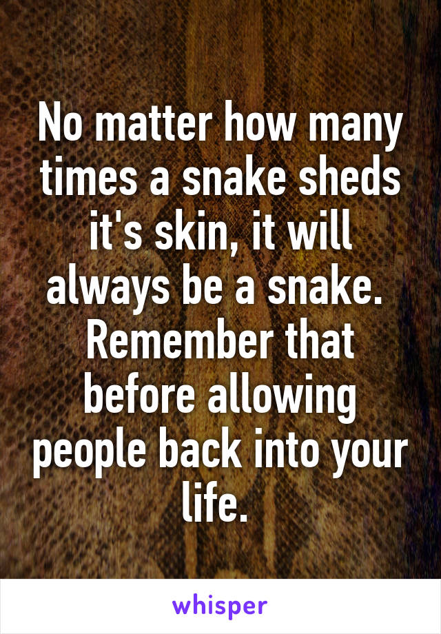 No matter how many times a snake sheds it's skin, it will always be a snake.  Remember that before allowing people back into your life. 