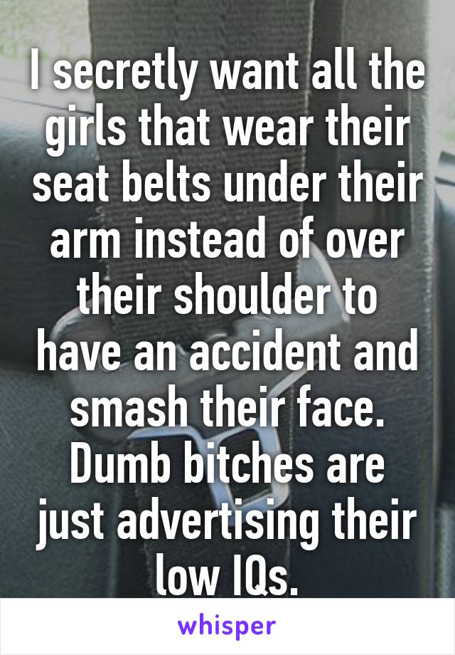 I secretly want all the girls that wear their seat belts under their arm instead of over their shoulder to have an accident and smash their face.
Dumb bitches are just advertising their low IQs.